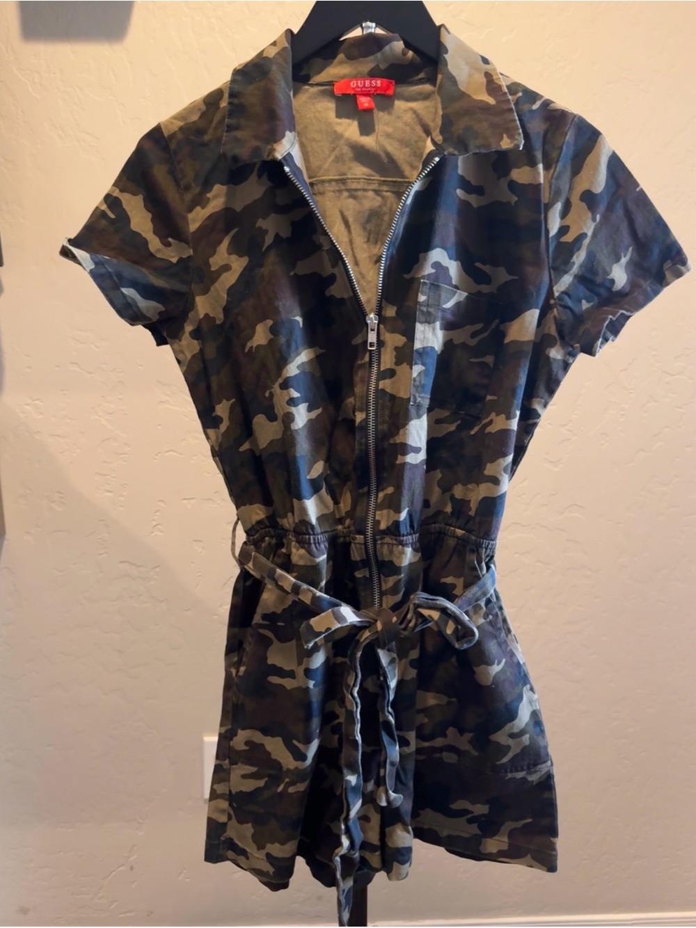 Guess Camo Zip-Front Short Sleeve Jumpsuit Romper in Military Green
